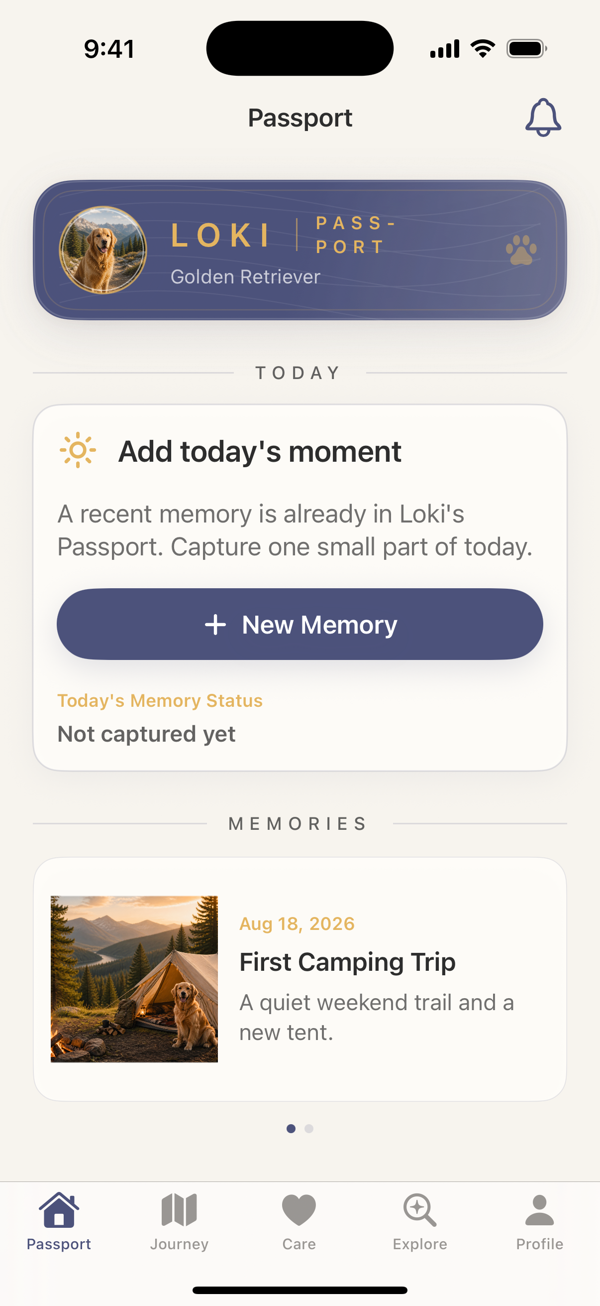 Current Pawspods iPhone Passport screen for Loki showing his identity, today’s moment, and First Camping Trip memory